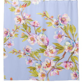 Sprigs of flowering apple or cherry trees on the b shower curtain