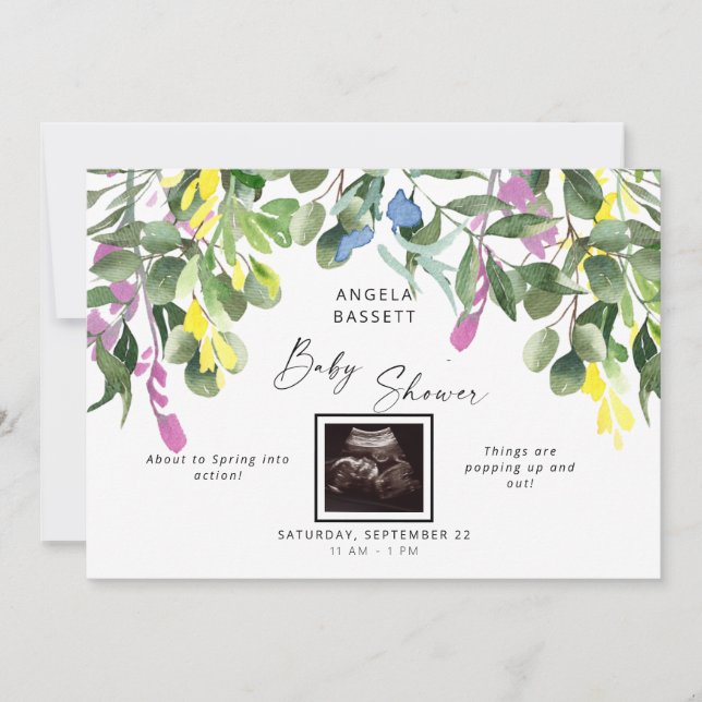 Spring About to Pop Ultrasound Wildflower Baby Invitation (Front)