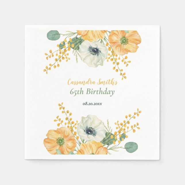 Spring  Anemone Flower Orange & White  Birthday  Napkin (Front)