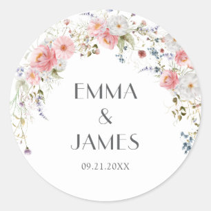Spring Arch Wildflowers Pink White Wedding Classic Round Sticker