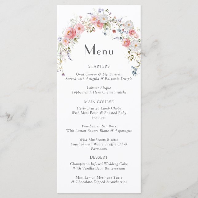 Spring Arch Wildflowers Pink White Wedding Menu (Front)