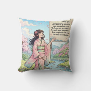 Spring Arrival Anime Girl in Kimono with Poetry Cushion