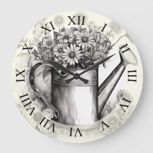 Spring Art, Watering can, Black & white art Large Clock