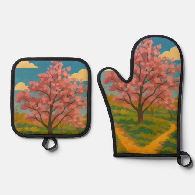 Spring Awakening – Blooming Tree Landscape Oven Mitt & Pot Holder Set (Front)