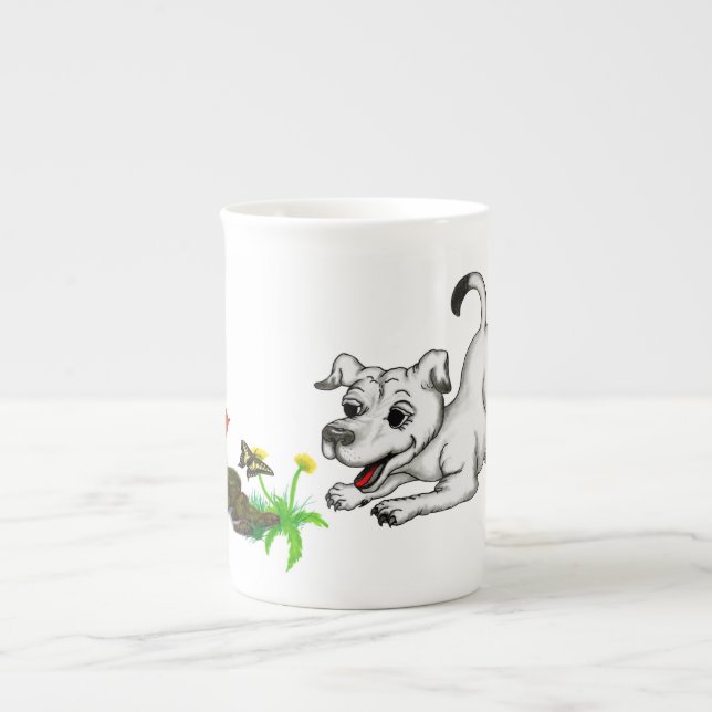 Spring Awakening, Puppy with Flowers and Butterfly Bone China Mug (Front)
