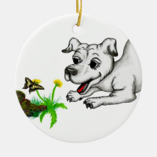 Spring Awakening, Puppy with Flowers and Butterfly Ceramic Tree Decoration