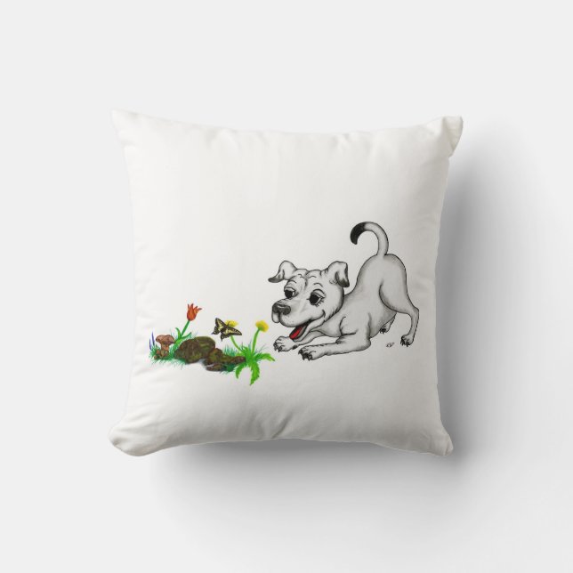 Spring Awakening, Puppy with Flowers and Butterfly Cushion (Front)