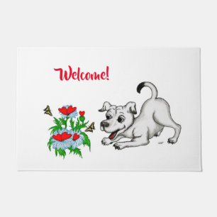 Spring Awakening, Puppy with Flowers and Butterfly Doormat