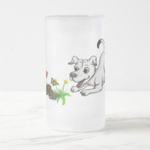 Spring Awakening, Puppy with Flowers and Butterfly Frosted Glass Beer Mug