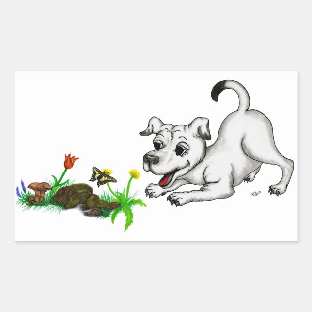 Spring Awakening, Puppy with Flowers and Butterfly Rectangular Sticker (Front)