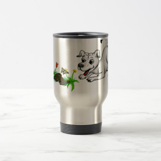 Spring Awakening, Puppy with Flowers and Butterfly Travel Mug (Center)