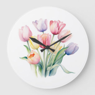 Spring Awakening - Watercolor Tulips Large Clock