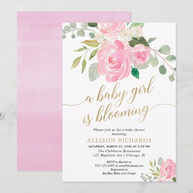 Spring baby girl is blooming pink gold girl shower invitation (Front/Back)