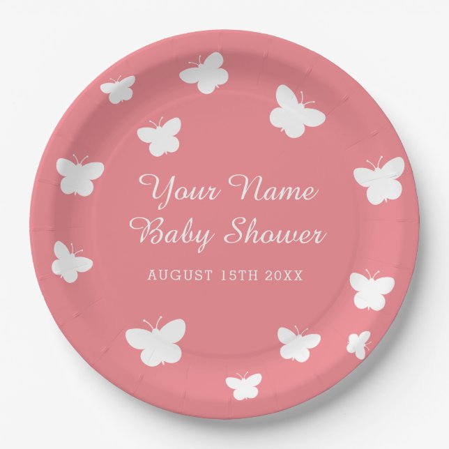 Spring baby shower party coral pink butterfly paper plate (Front)