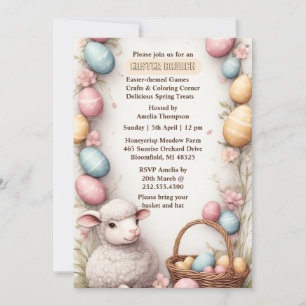 Spring Basket Eggs Wreath Watercolor Easter Lamb Invitation