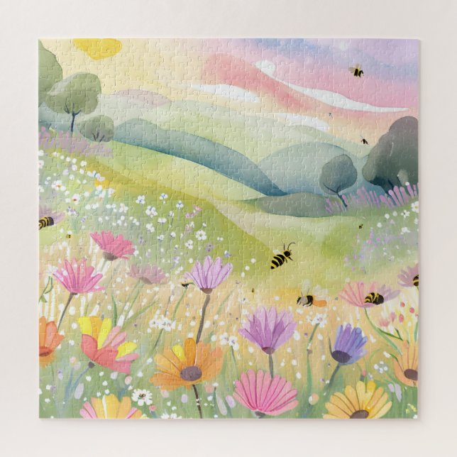 Spring Bees Flower Fields | Floral Colourful Natur Jigsaw Puzzle (Vertical)