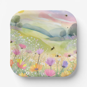 Spring Bees Flower Fields Floral Colourful Natur Paper Plate
