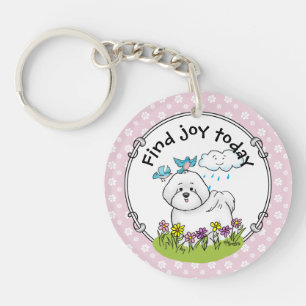 Spring Bichon Frise Dog with Flowers - Cute Key Ring