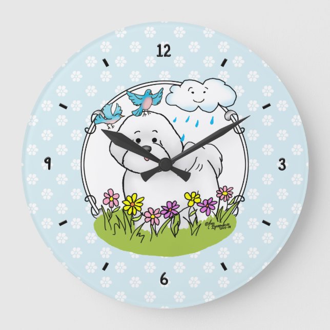 Spring Bichon Frise Dog with Flowers - Cute Large Clock (Front)