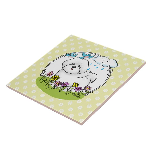 Spring Bichon Frise Dog with Flowers - Cute Tile (Side)