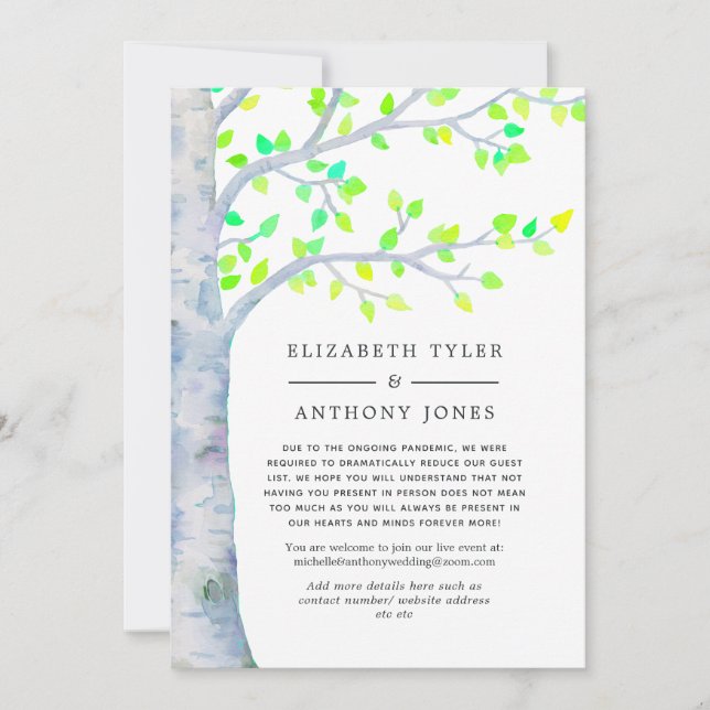 Spring Birch Tree Wedding Reduced Guest List Announcement (Front)