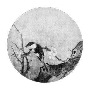 SPRING BIRD AND FLOWER TREE Black White Grey Cutting Board