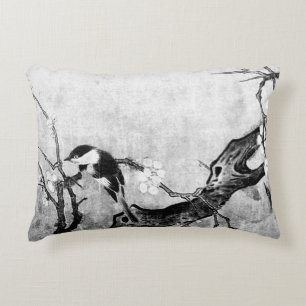SPRING BIRD AND FLOWER TREE Black White Grey Decorative Cushion