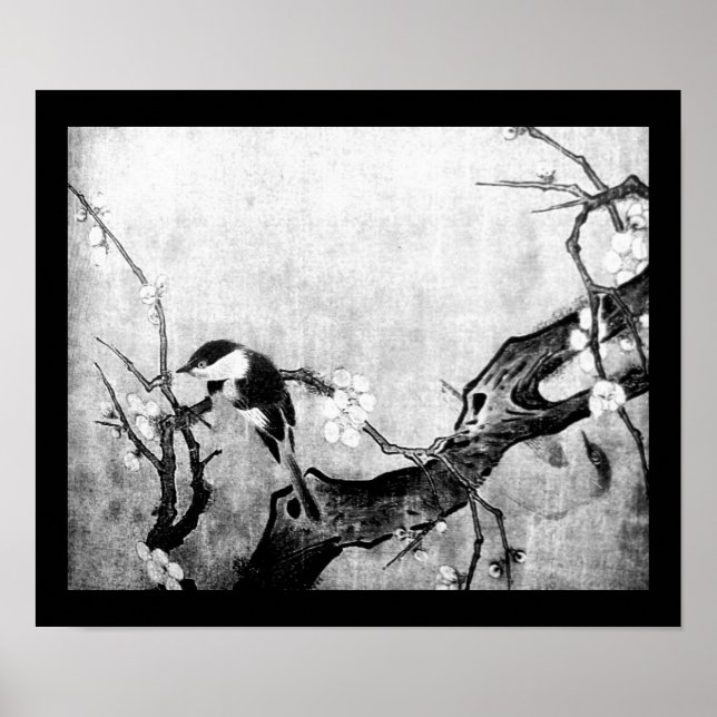 SPRING BIRD AND FLOWER TREE Black White Grey Poster (Front)