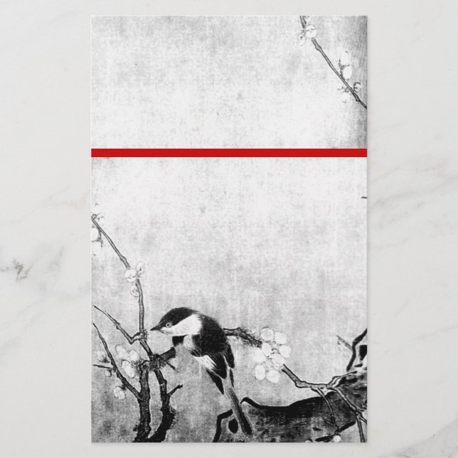 SPRING BIRD AND FLOWER TREE Black White Red Stationery (Front)