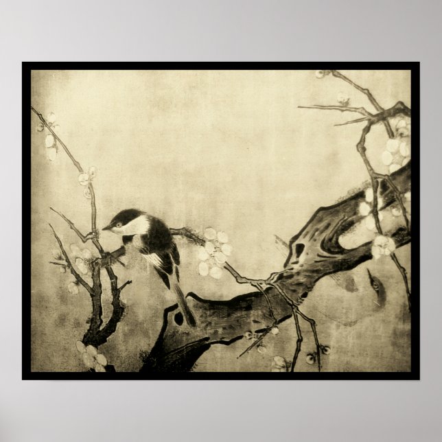 SPRING BIRD AND FLOWER TREE Brown Sepia Poster (Front)