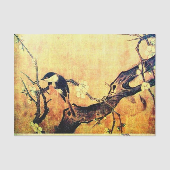 SPRING BIRD AND FLOWER TREE Gold Yellow Brown Tissue Paper (Front)