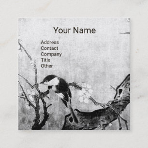 SPRING BIRD AND FLOWER TREE MONOGRAM Black White Square Business Card