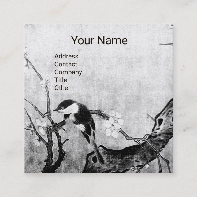 SPRING BIRD AND FLOWER TREE MONOGRAM Black White Square Business Card (Front)