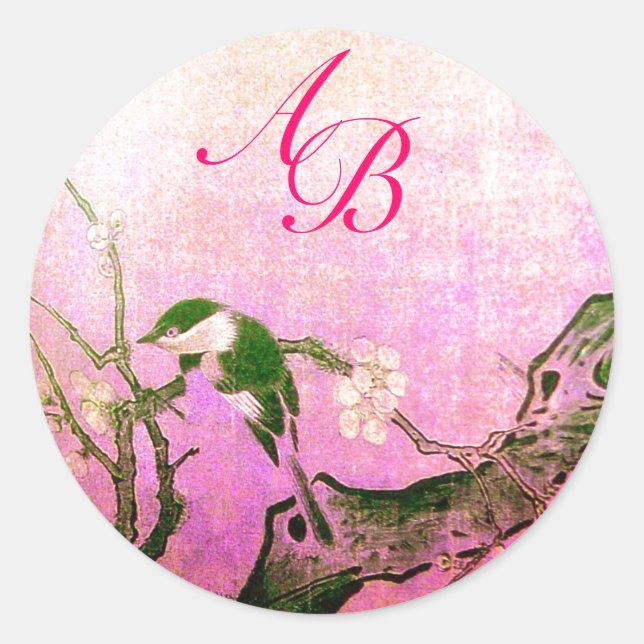 SPRING BIRD AND FLOWER TREE MONOGRAM Pink Fuchsia Classic Round Sticker (Front)