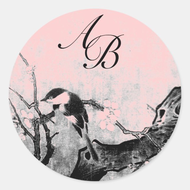 SPRING BIRD AND FLOWER TREE MONOGRAM Pink Fuchsia Classic Round Sticker (Front)