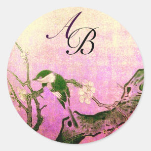 SPRING BIRD AND FLOWER TREE MONOGRAM Pink Fuchsia Classic Round Sticker