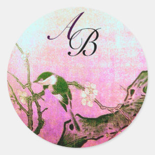 SPRING BIRD AND FLOWER TREE MONOGRAM Pink Fuchsia Classic Round Sticker