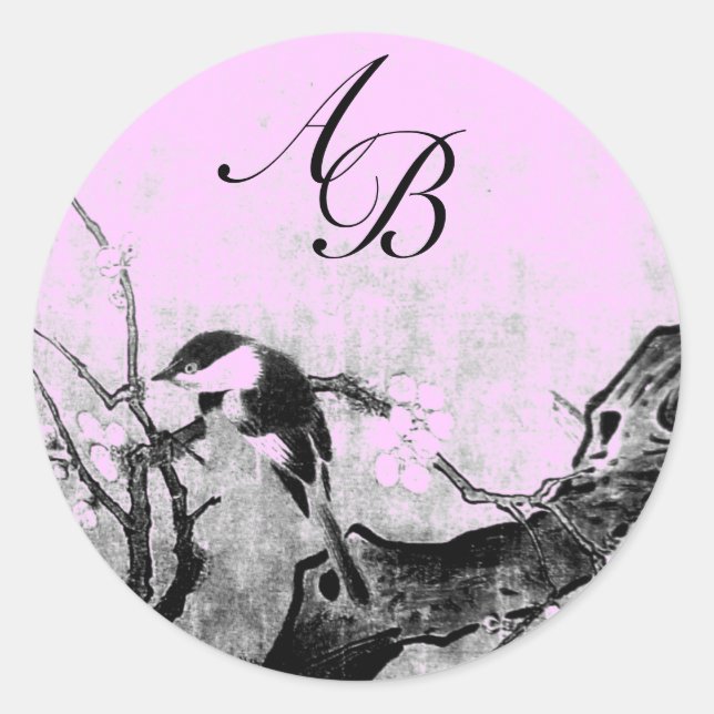 SPRING BIRD AND FLOWER TREE MONOGRAM Pink Fuchsia Classic Round Sticker (Front)