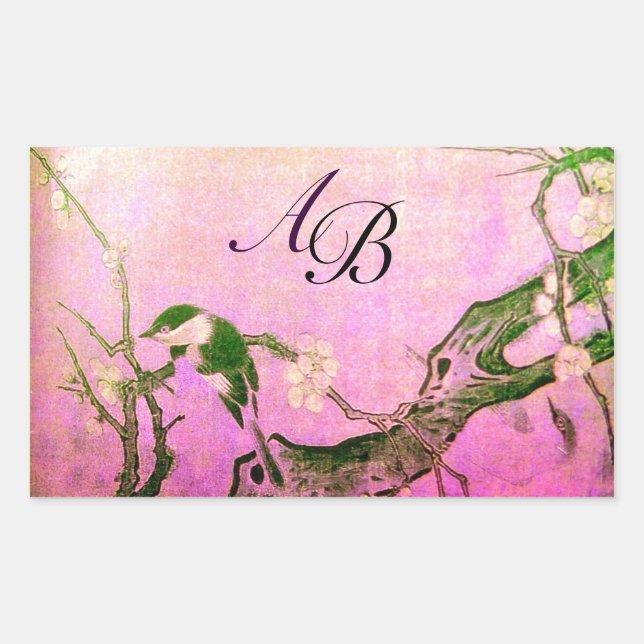 SPRING BIRD AND FLOWER TREE MONOGRAM Pink Fuchsia Rectangular Sticker (Front)