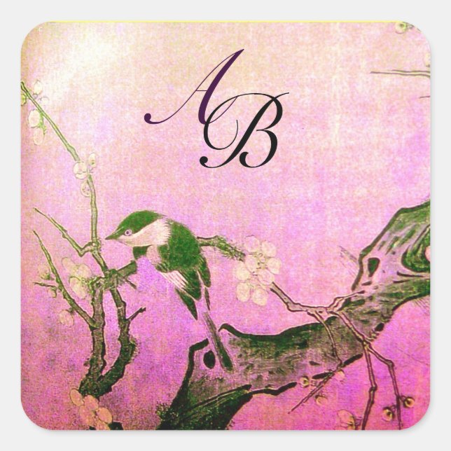 SPRING BIRD AND FLOWER TREE MONOGRAM Pink Fuchsia Square Sticker (Front)