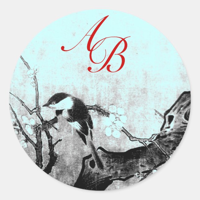 SPRING BIRD AND FLOWER TREE MONOGRAM Teal Blue Classic Round Sticker (Front)