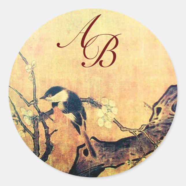 SPRING BIRD AND FLOWER TREE MONOGRAM Yellow Brown Classic Round Sticker (Front)