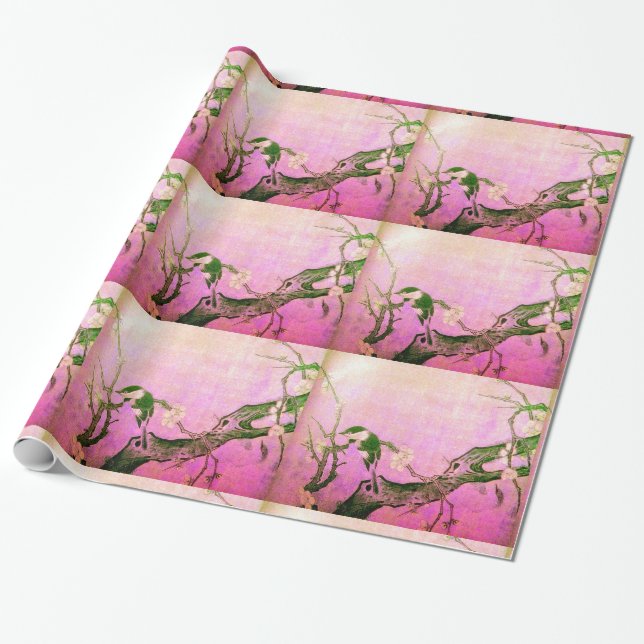 SPRING BIRD AND FLOWER TREE Pink Brown Wrapping Paper (Unrolled)