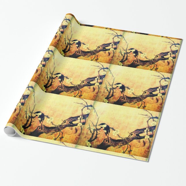 SPRING BIRD AND FLOWER TREE Yellow Brown Wrapping Paper (Unrolled)