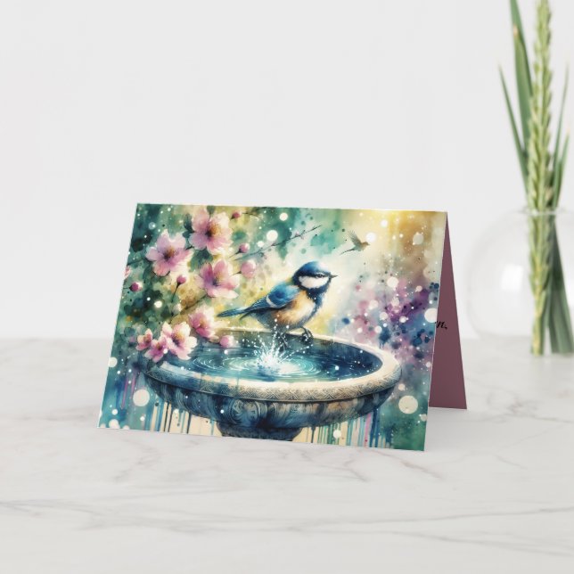 Spring Bird Bath Watercolor  Card (Front)