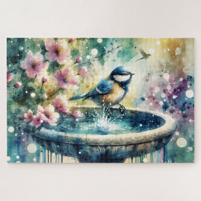 Spring Bird Bath Watercolor Jigsaw Puzzle (Horizontal)