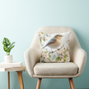 Spring Bird Cherry Blossom Floral Watercolor Cushion