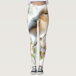 Spring Bird Cherry Blossom Floral Watercolor Leggings