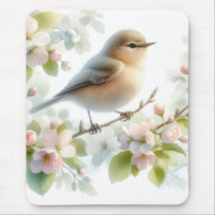 Spring Bird Cherry Blossom Floral Watercolor Mouse Mat