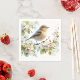 Spring Bird Cherry Blossom Floral Watercolor Napkin